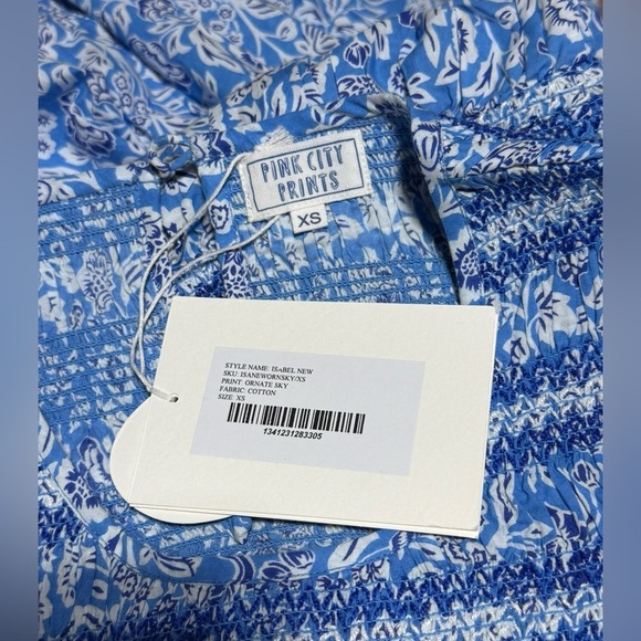 Pink City Prints Isabel Dress XS NWT Ornate Sky Blue Cotton Midi Smocked - Picture 10 of 13